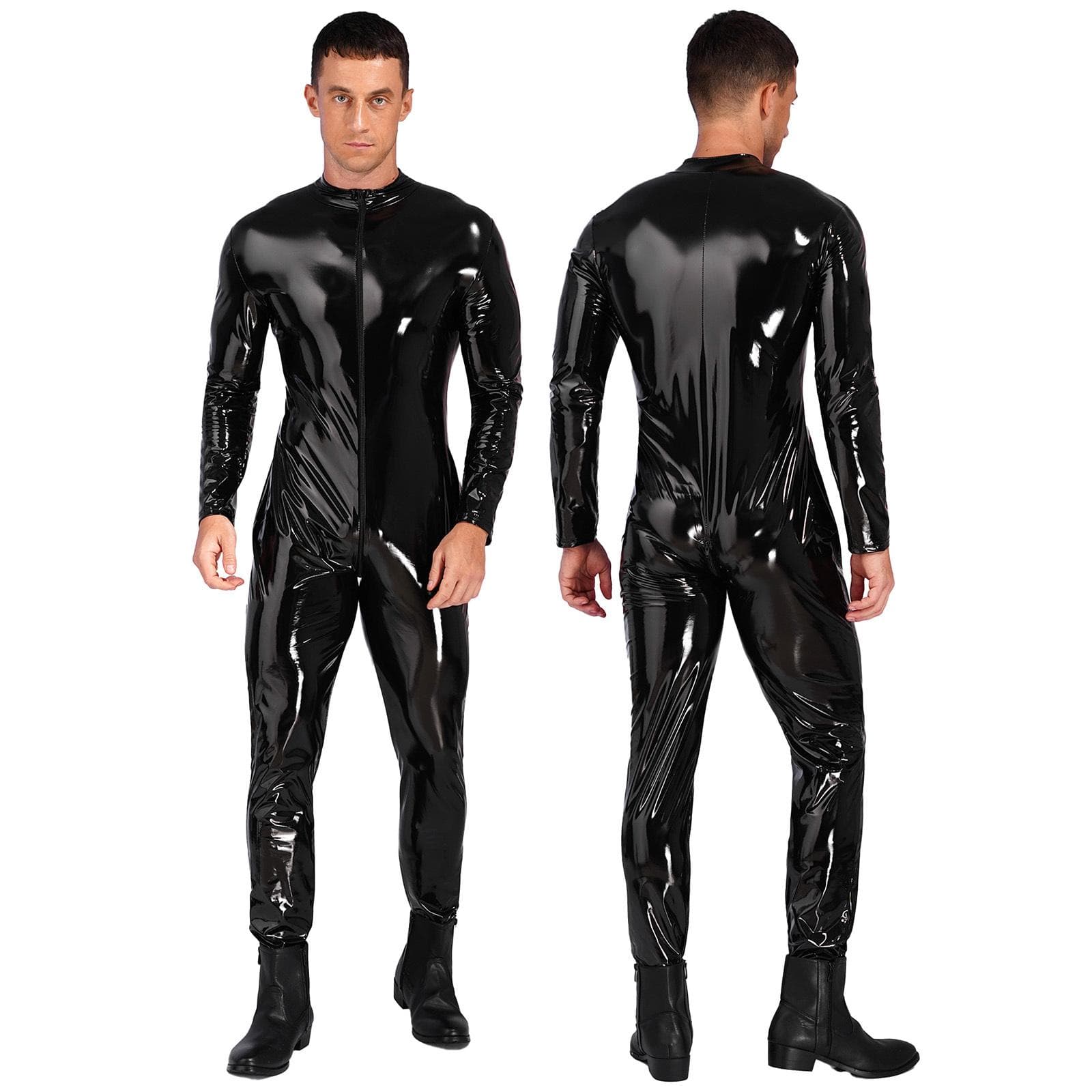 Mens Long Sleeve Bodysuit Jumpsuit Stand Collar Patent Leather Shiny Catsuit Party Clubwear XXL black