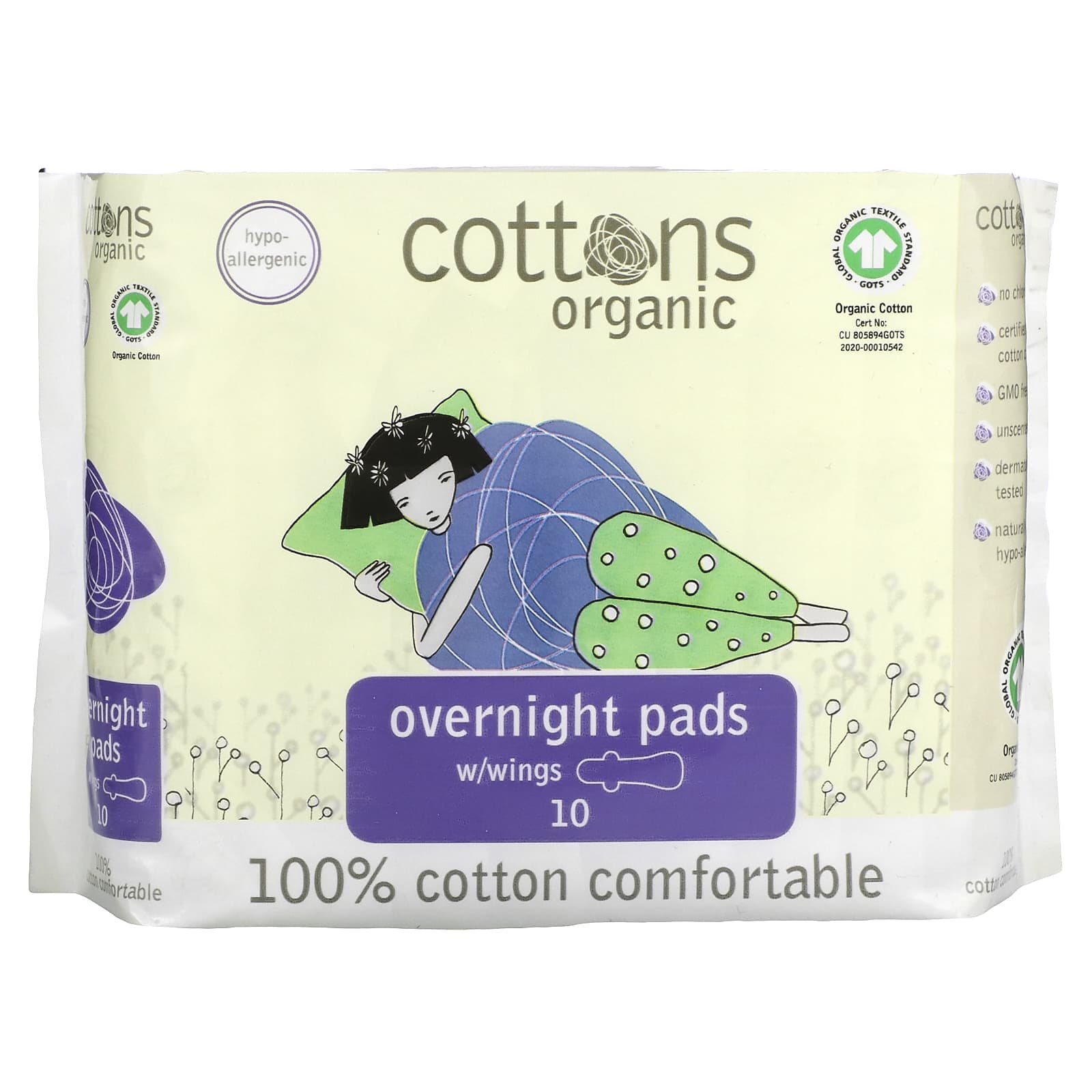 Cottons, 100% natural cotton cover sheet, overnight wing pad, heavy, 10 pads
