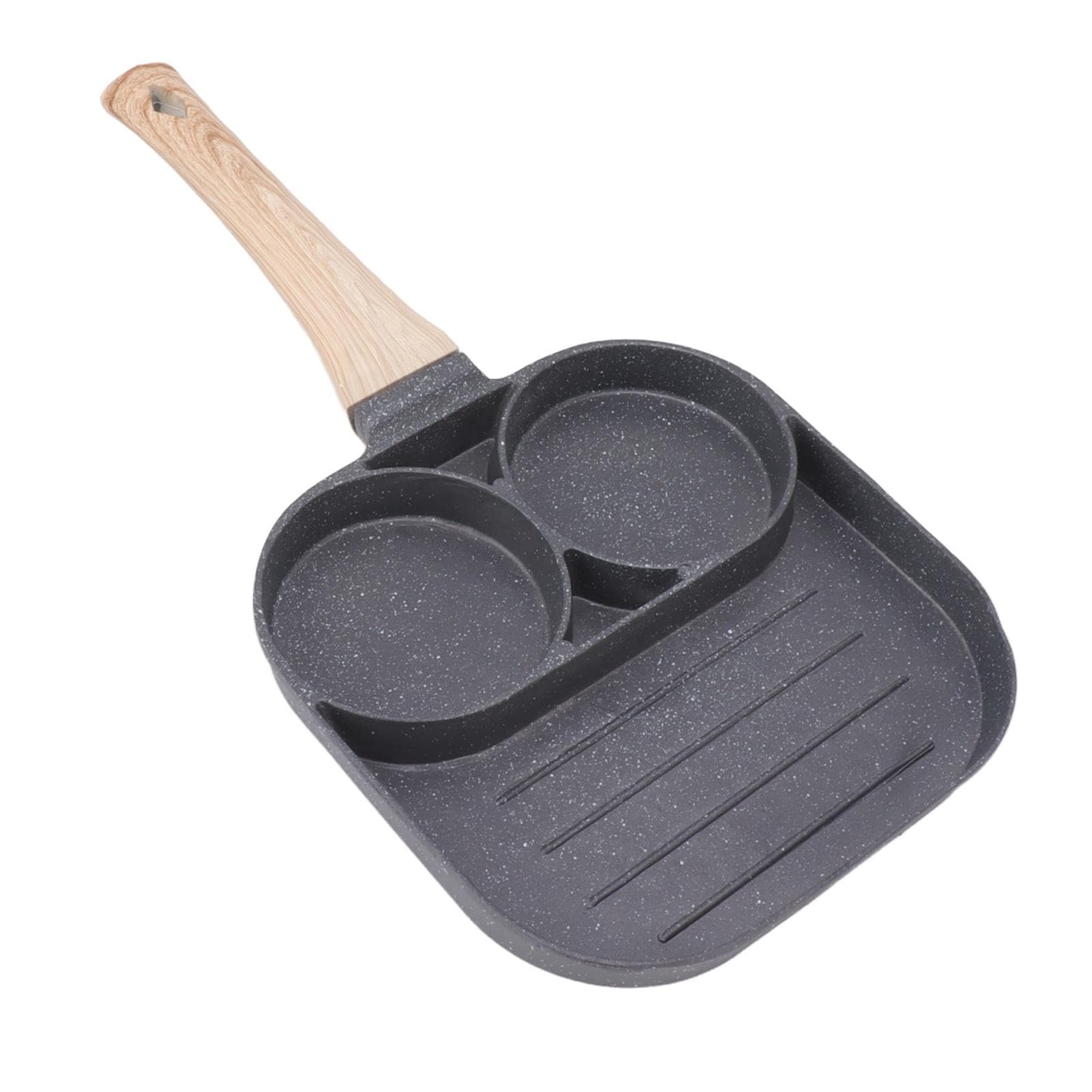 Egg Frying Pan 2 Round Cup 3 Section Stick Proof Breakfast Cooking Pan with Wooden Handle for L