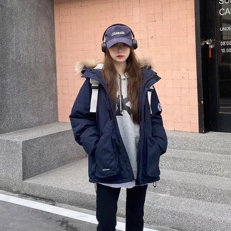 Fur Collar Down Jacket Women's Winter Thickened Loose Navy Blue Pie To Overcome L