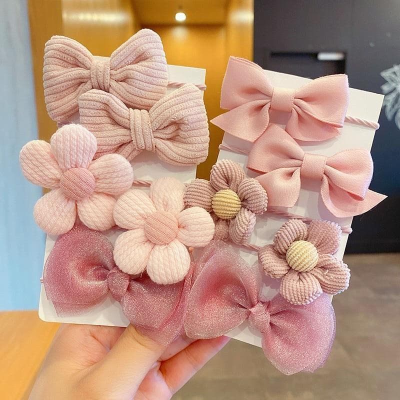 10Pcs/Set Big Bow Flower Elastic Hairbands Children Girls Sweet Hair Ties Fashion Headbands Hair Accessories Rubber Band for Kid pink