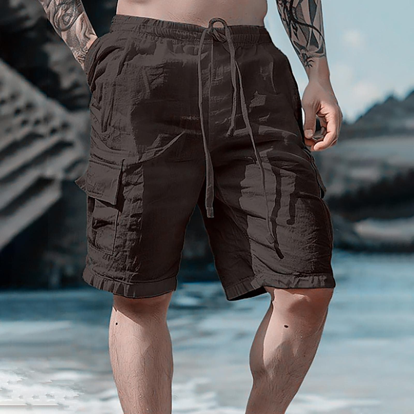 Men's Sports Cotton Linen Casual Loose Shorts Casual Pajamas Pocket Jogging Shorts Pants L black