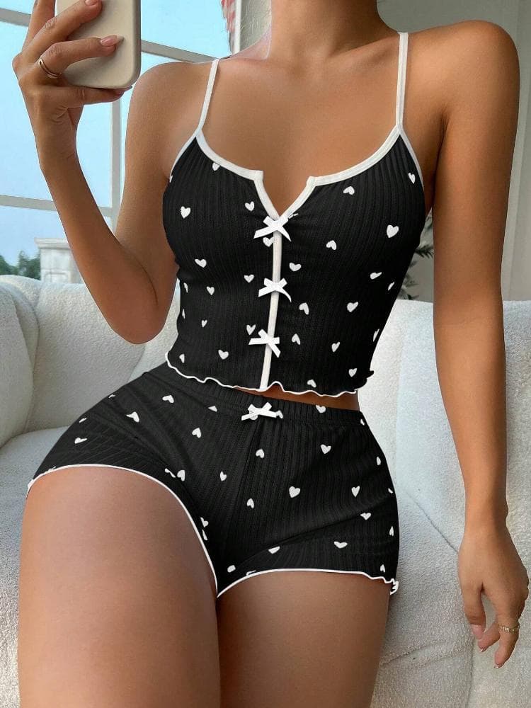Women's Heart Print Frill Trim Sexy Ribbed Pajama Set, Bow Decor Notched Neck Backless Crop Cami Top & Shorts,Summer Nightwear XL black