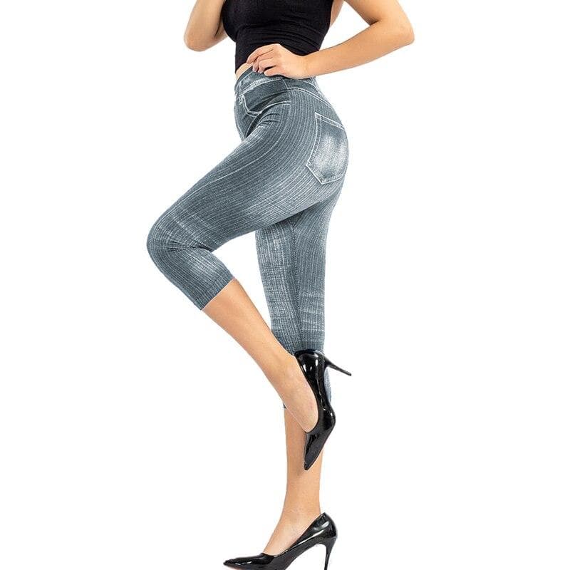Women Denim Print Leggings Fashion Slim Leggings Faux Jeans Leggings Stretch Printed Short Leggins Pants M grey