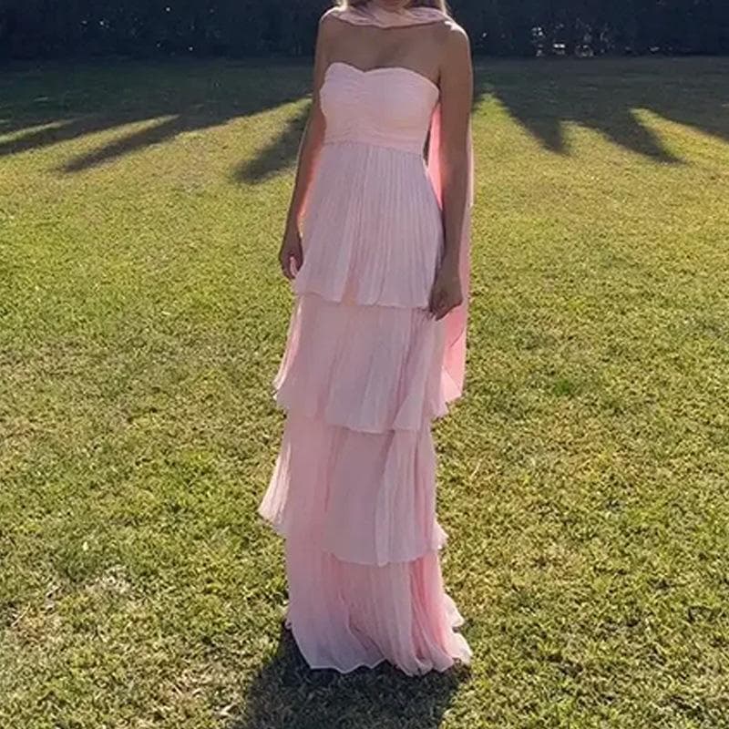 Women's Temperament, Elegant, Fashionable and Sexy Solid Color Pleated Vacation Dress M pink