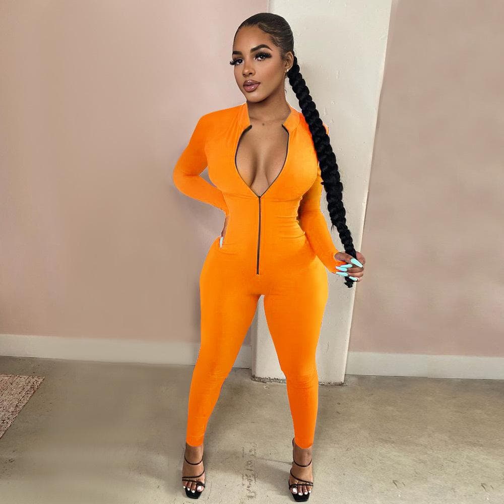 Workout Active Wear Solid Color Rompers Womens Jumpsuit Sporty Long Sleeve Fitness Clubwear Zipper Party Jumpsuits Bodycon L