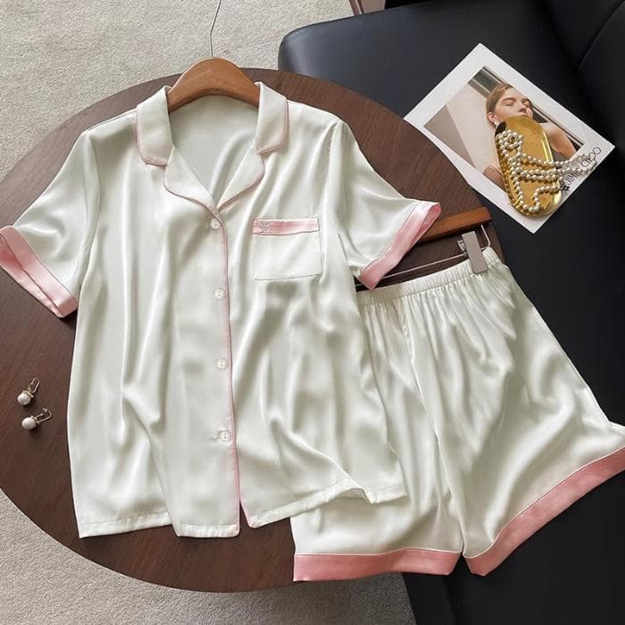 Embroidery Grapic Women's Pajama Set Faux Silk Satin Pajamas Sets Two Piece Shorts Set Women Comfortable Home Pajamas Clothing M