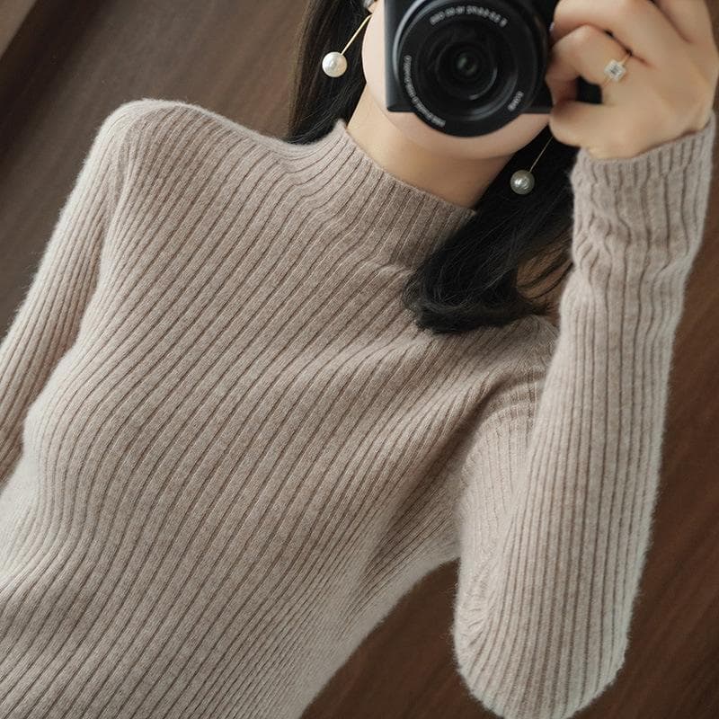 YYFS Women's Fashion Casual Solid Color Print Plus Size Autumn Winter Long Sleeve Half Turtleneck Slim Sweaters L camel