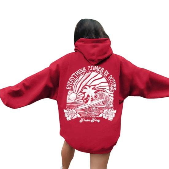 Teenager Hoodie Preppy Style Floral Printing Solid Color Hooded Top with Big L red