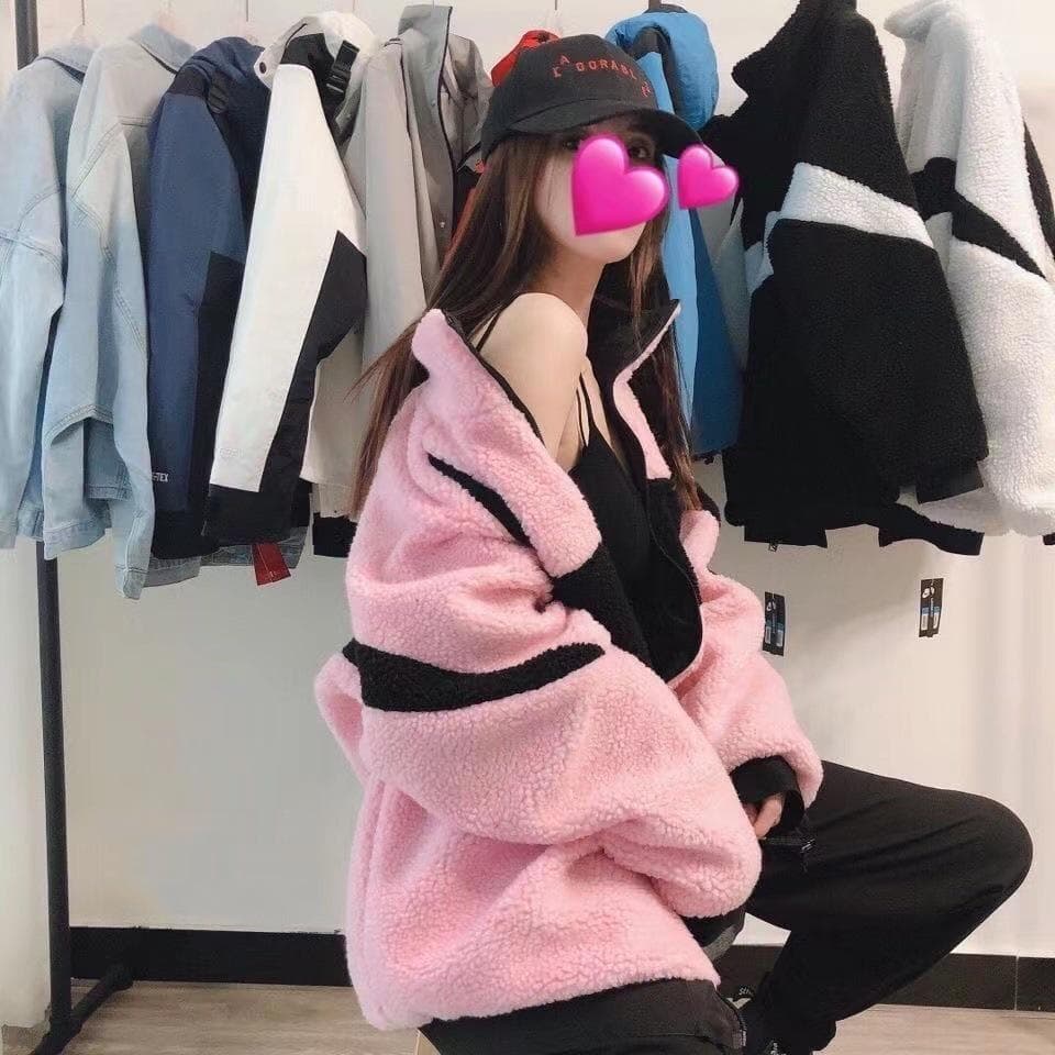 Winter 2025 Unisex Stand-Collar Lambswool Fleece Jacket with Big Logo XL pink
