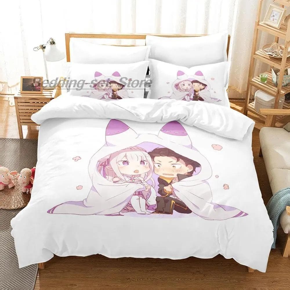 Re Zero Bedding Set Single Twin Full Queen King Size Bed Set Aldult Kid Bedroom Duvetcover Sets 3D Print Anime Bed Sheet Set EU Single 135x200cm