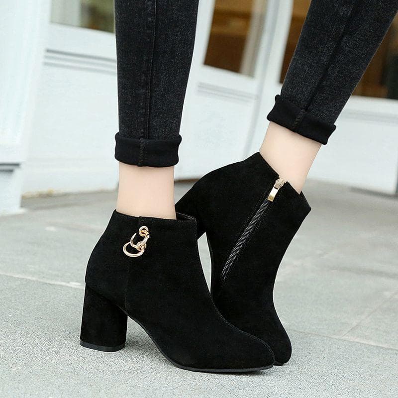 Women's Fashion High-heeled Short Boots Zipper Suede Boots 36 black