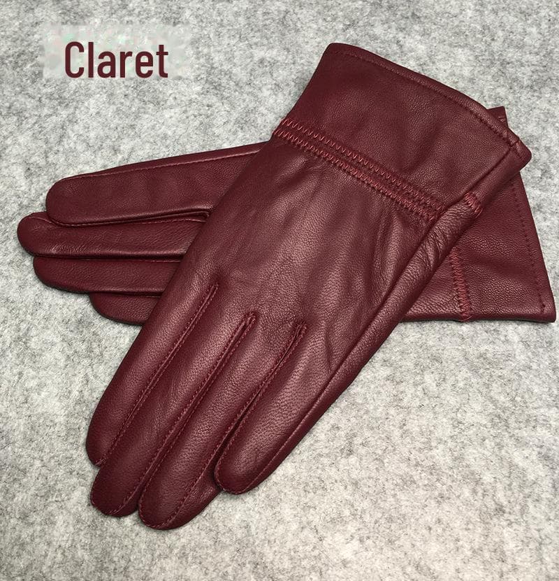 Women's Genuine Leather Winter Cycling Sheepskin Gloves - Korean Style One Size claret