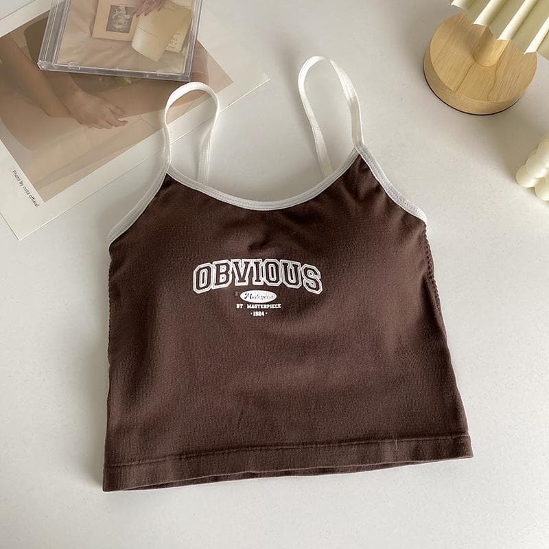 Women With Padded Bra Crop Tops O-neck Solid Crop Tops 2023 Summer Letter Printing Tops Spaghetti Camisole one size brown