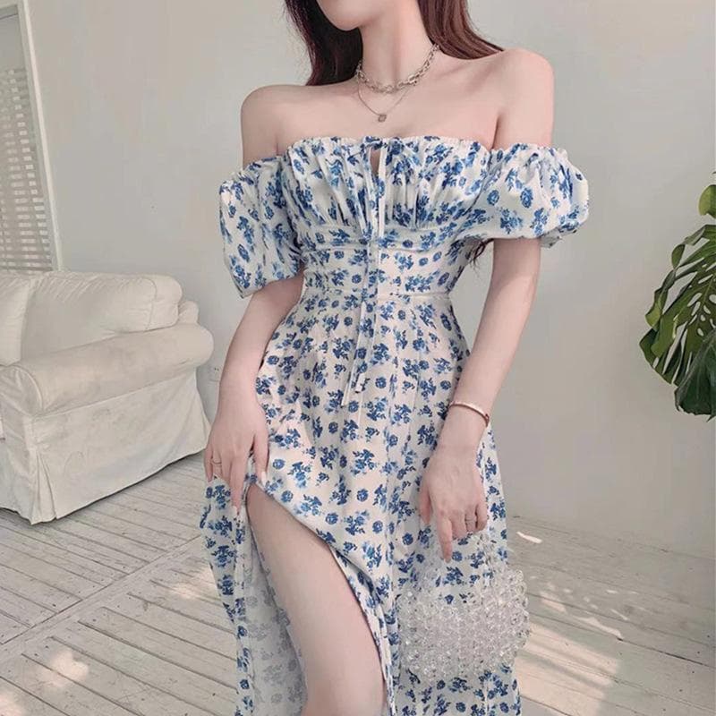 Blue Floral Skirt for Women In Summer Style with Slit Design, One-shoulder, One-shoulder, French Dress 2XL