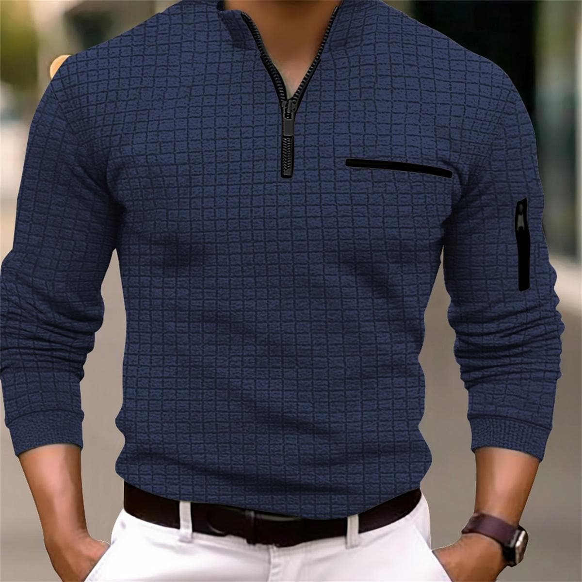 Men's Spring and Autumn Fashion Casual T-shirt Men's Checkerboard Checked POLO Shirt Arm Zipper Sports Polo Shirt 2XL navy blue