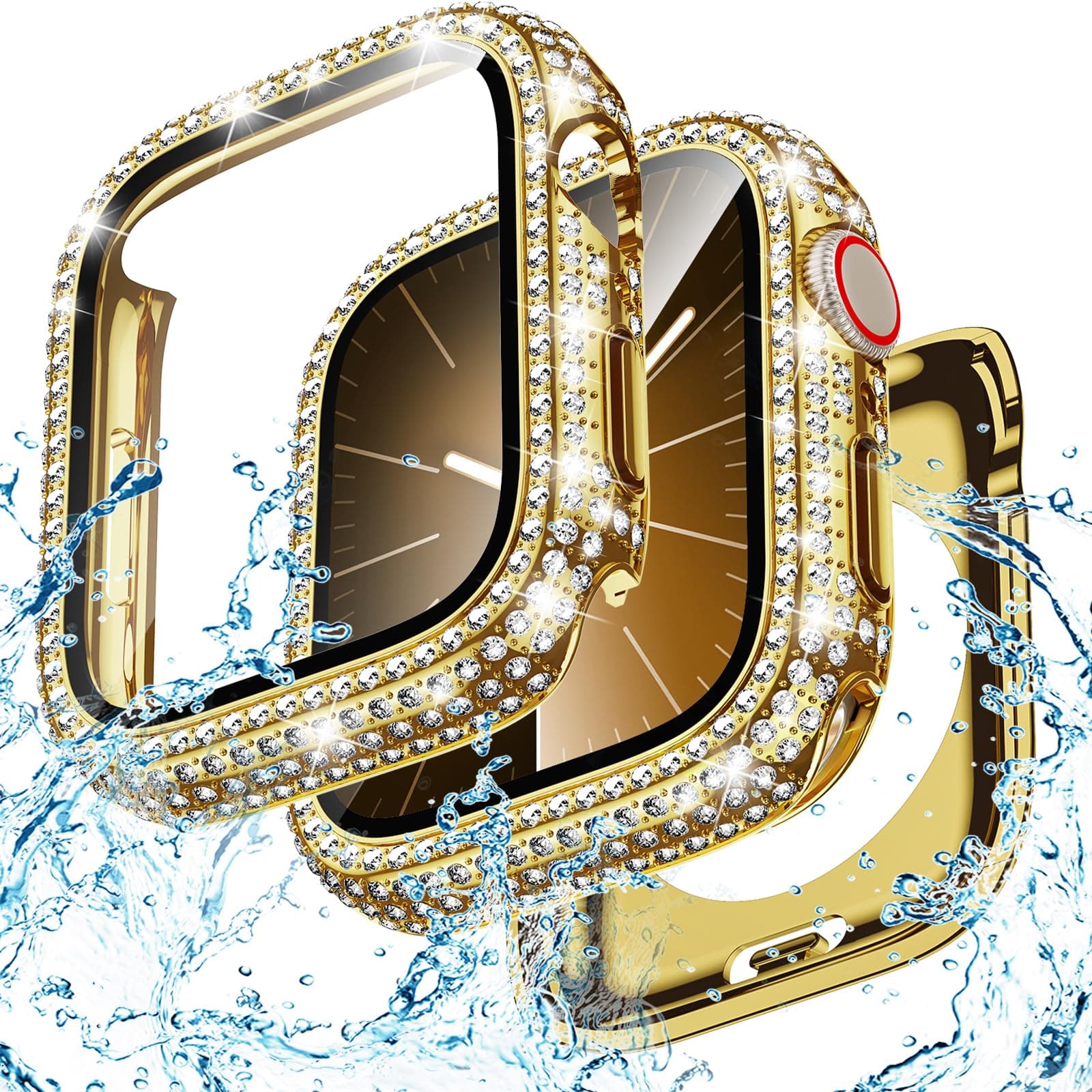 Bling Glass+Cover For Apple Watch Case 46mm 44mm 45mm 41mm 40mm 42mm Ultra1/2 49mm Diamond bumper+Screen Protector iwatch series 10 9 8 7 5 6 SE For Series 10 46mm gold