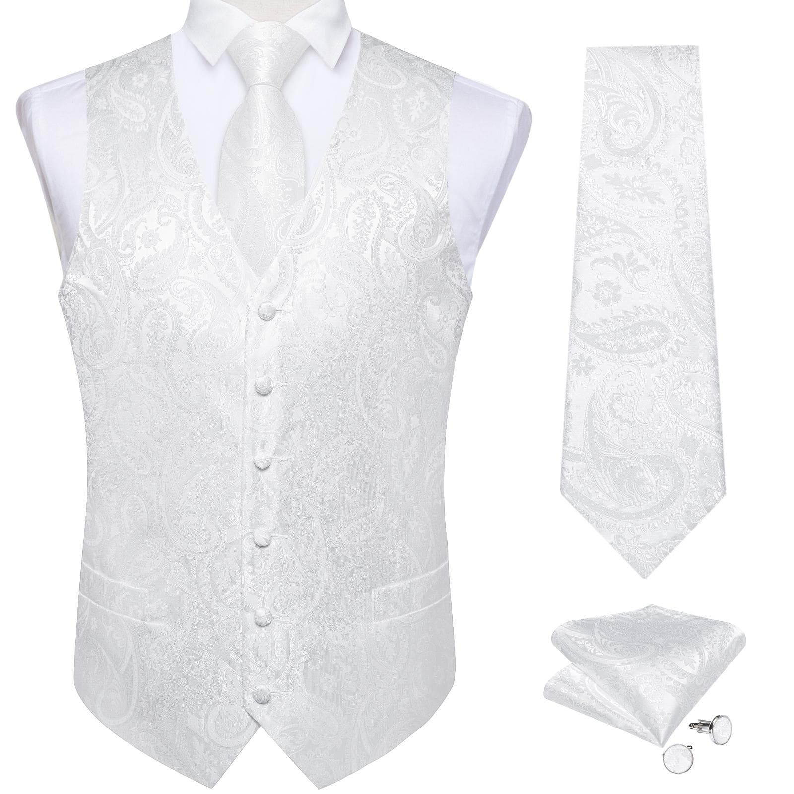 Dibangu Mens Yellow Paisley Vest Suit Waistcoat Hanky Cufflinks Tie Set Wedding XL