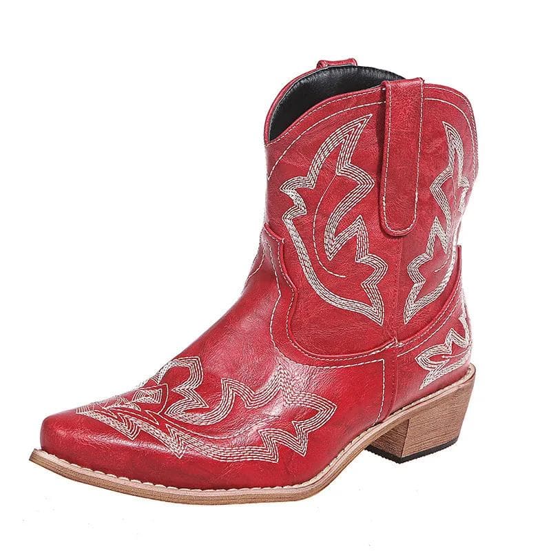 Fashion Vintage Embroidery Cowboy Woman Boots 2024 Autumn Winter Thick Heels Ankle Boots For Women Red PU Leather Western Botas Mujer 43 burgundy