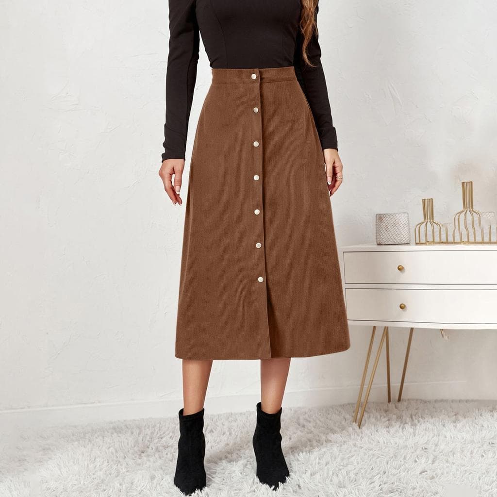 Women's Corduroy Skirt Single Breasted High Waisted Long Skirt XL brown