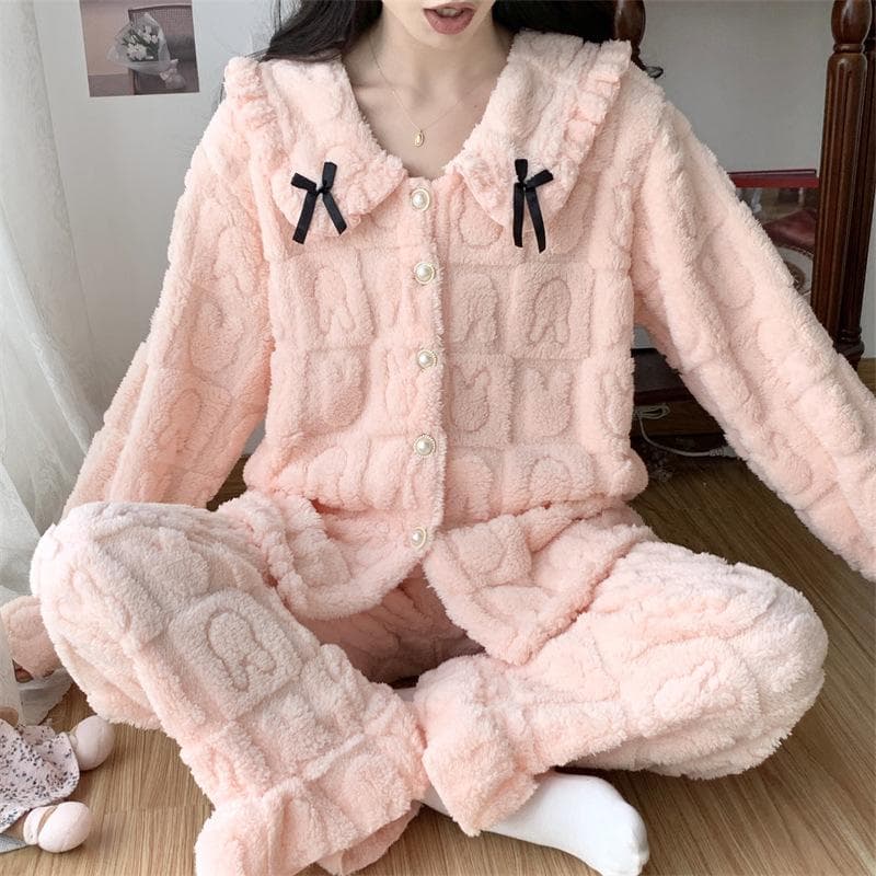 Sweet Coral Fleece Pajamas Warm Autumn Winter Long Sleeved Cardigan Pants Home Wear Two Piece Set Loose Fitting Casual Nightwear 2XL pink