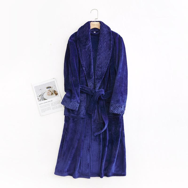 Autumn and Winter Long Flannel Nightgown Women's Fleece Thickened Hotel Bathrobe Flannel Large Size Couple Bathrobe L navy blue