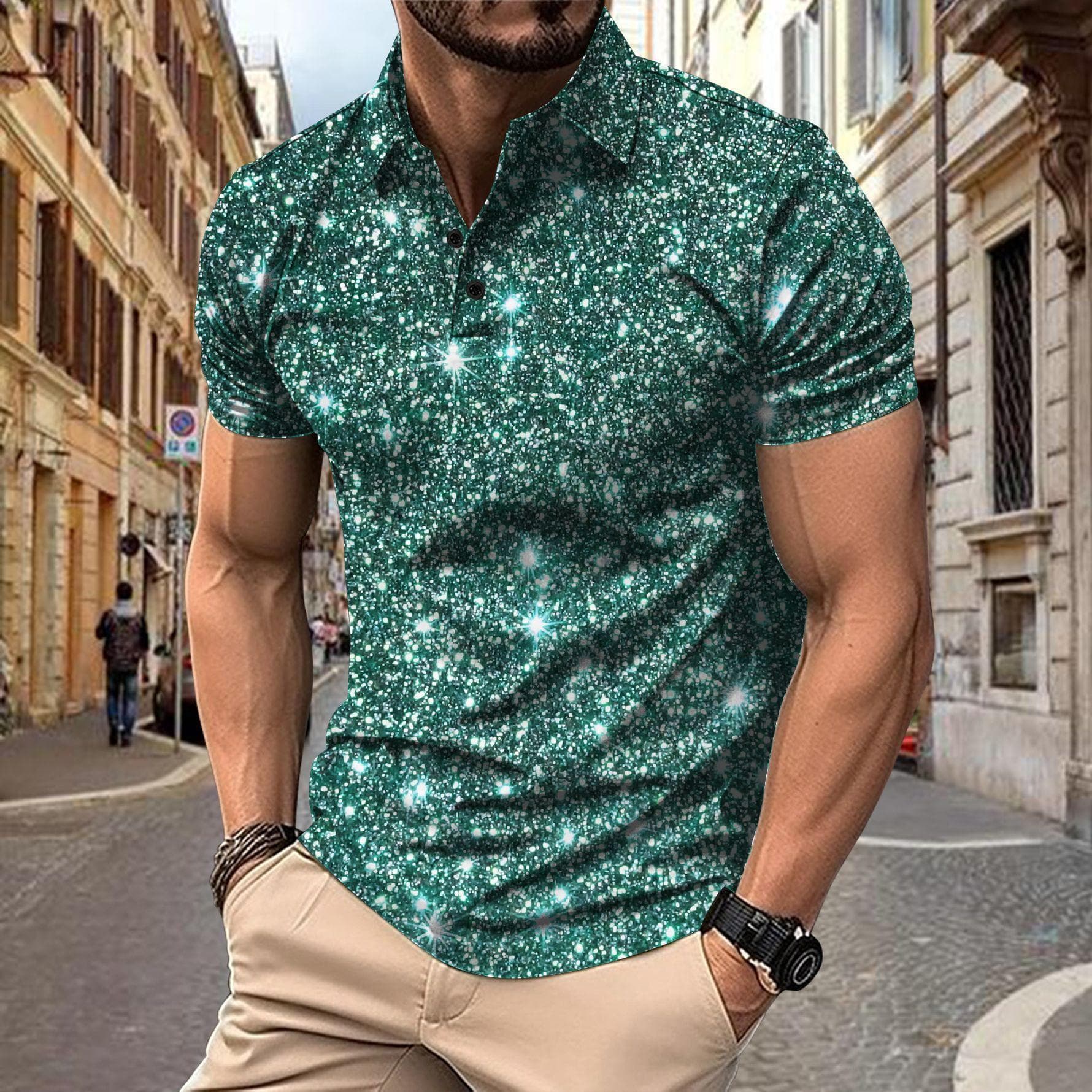 Men's Polo T-shirts Fashion Casual Short Sleeve 3D Sparkle Sequins Print Male Sports Shirt 2XL