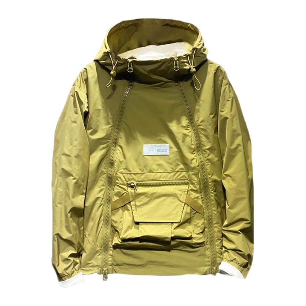 Men Trench Coat Hooded Drawstring Long Sleeve Double Zipper Cargo Tops Solid Color Large Pocket Street Style Outwear M khaki