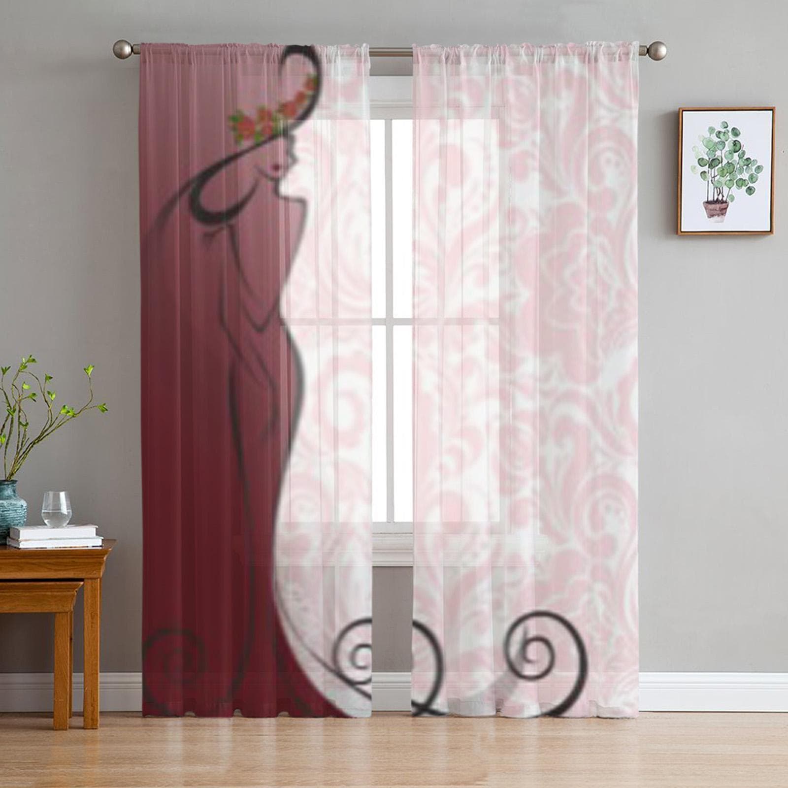 Silhouette Slender Woman In A Long Dress And Hat Floral Chiffon Sheer Curtains Living Room Bedroom Window Voiles Tulle Curtain 135W x 114H(cm)