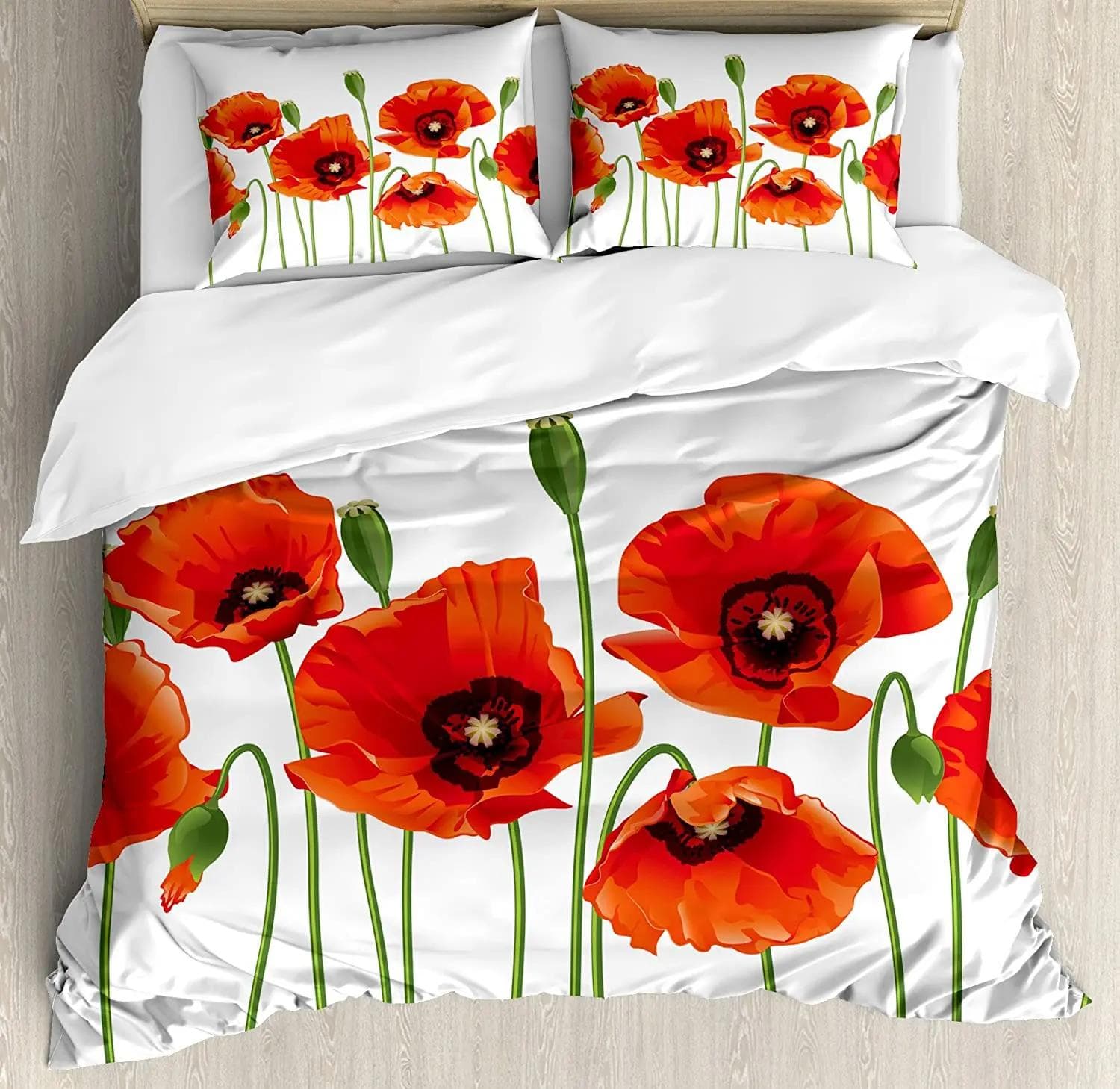 Floral Bedding Set Comforter Duvet Cover Pillow Shams Poppies of Spring Season Pastoral Flowers Bot Bedding Cover Double Bed Set US Queen(228x228cm)