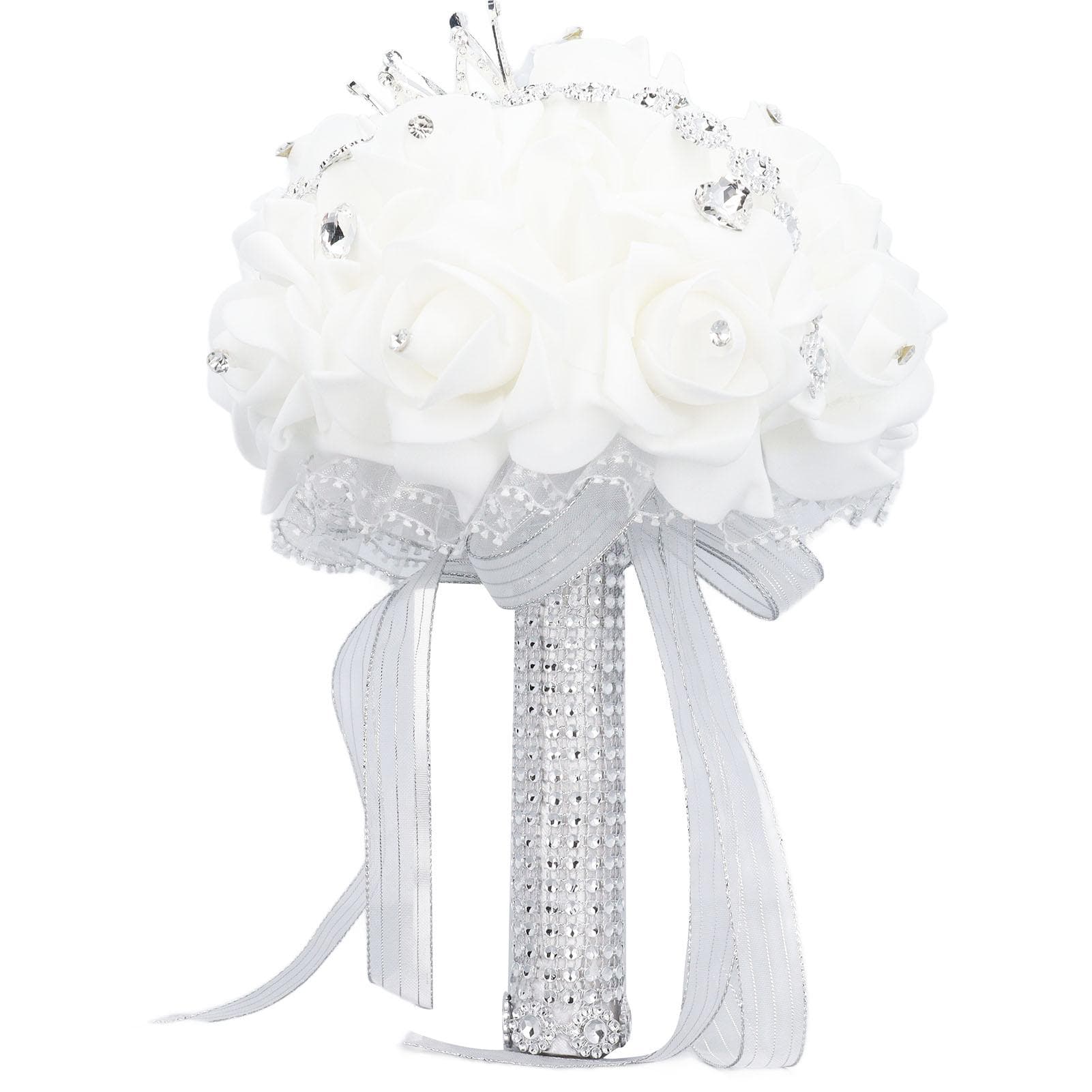 Wedding Bouquet with Crown 10.6 Inch PU Lace Satin Bridal Bridesmaid Artificial Flower Hand Bouquet silver