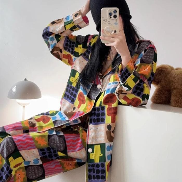 Literary Cartoon Cute Casual Lazy Women's Pajamas Retro Trend Harajuku Homewear Autumn Winter New Long Sleeved+pant 2pc Set L
