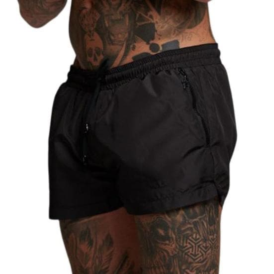 Men Sports Shorts with Zipper Pocket Elastic Waist Drawstring Quick-Dry Shorts Solid Color Outdoor M black