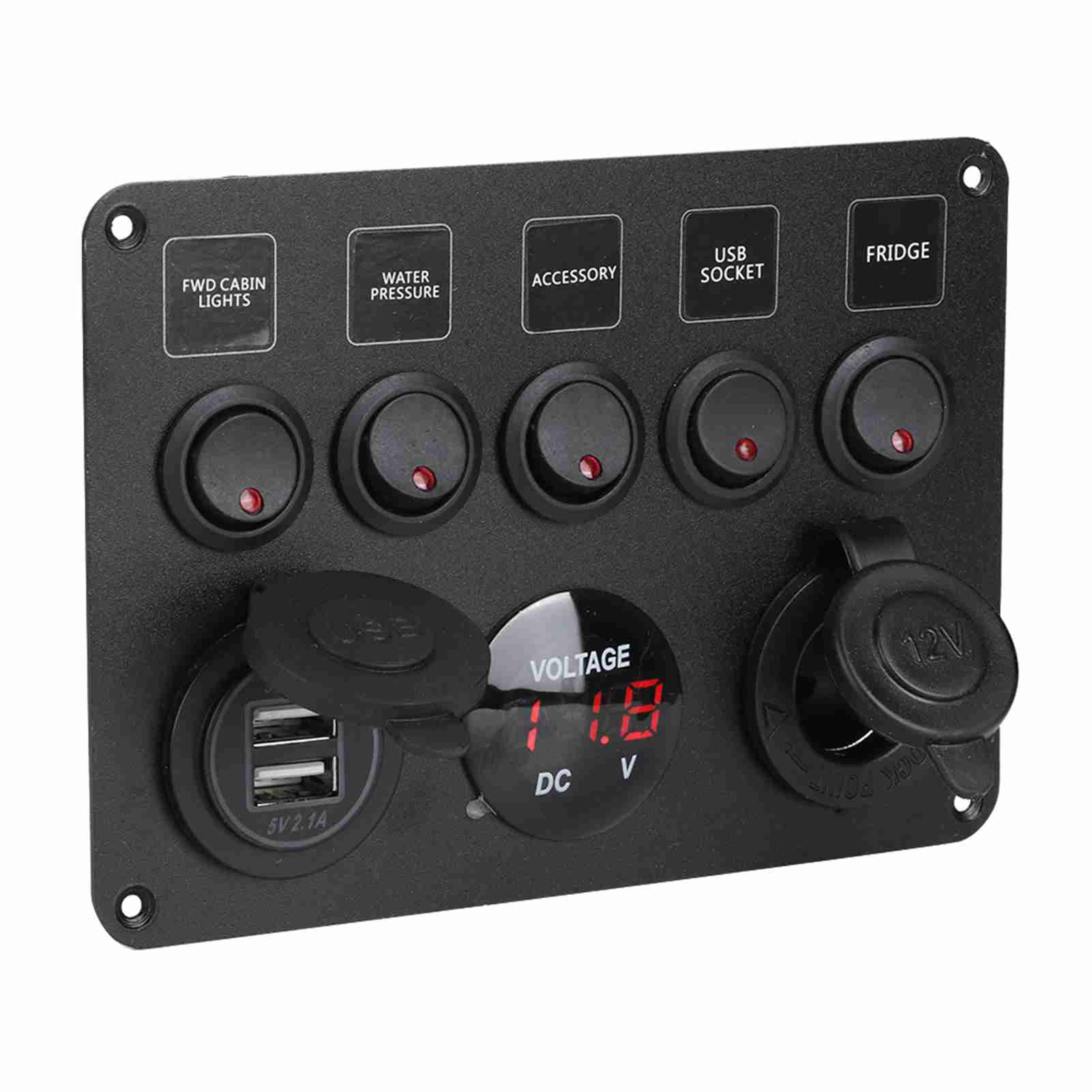 5 Gang LED Toggle Switch Panel with Digital Voltmeter Universal for RV Car MotorboatGreen red