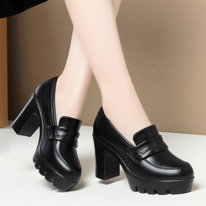 Comfortable Deep Mouth Soft Leather Anti-slip Shoes Platform Spring 2025 Women's Block Black High Heels Office Mother Shoes 37