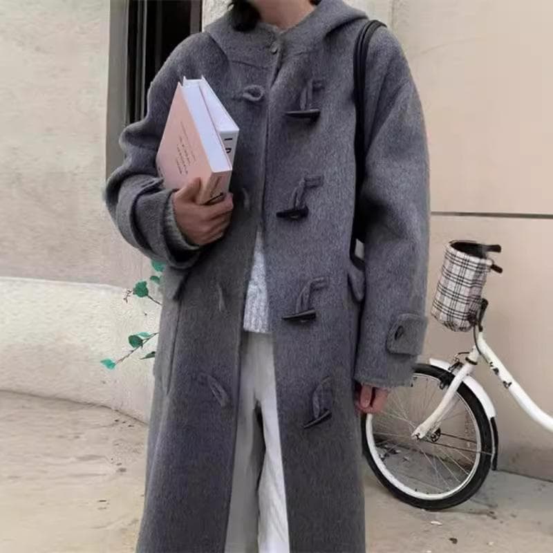 Horn Button Double-sided Wool Coat Women's Long New Korean Style Autumn and Winter College Style Woolen Coat M