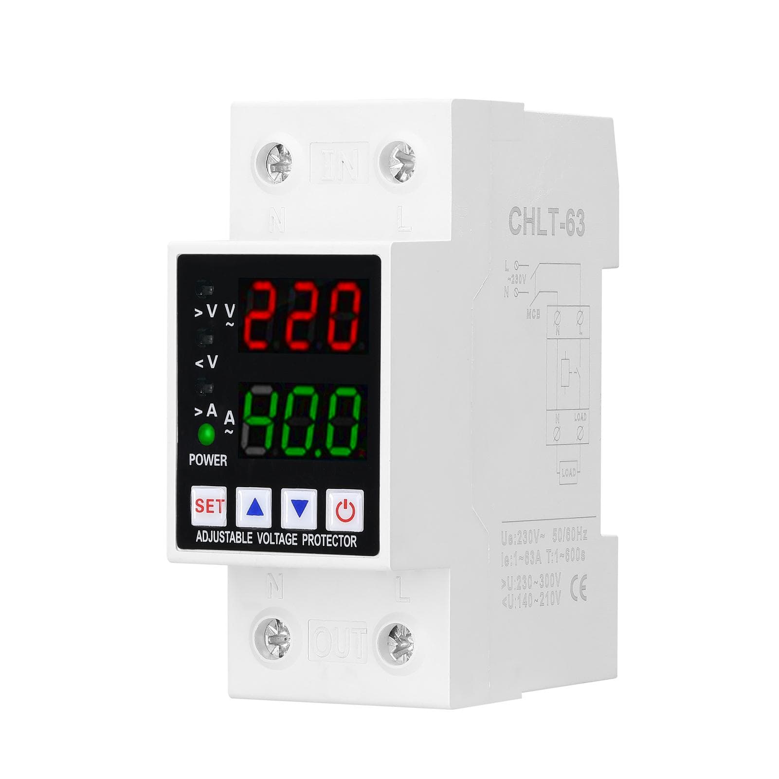 Dual Display Adjustable Voltage Protector Intelligent Over-voltage Under-voltage Over-current CHLT-40VA white