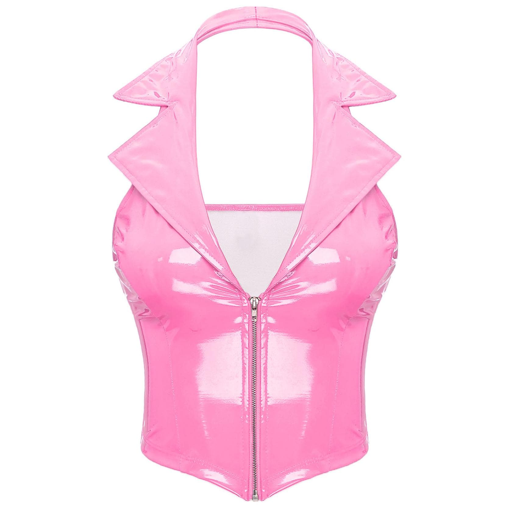 Women's PU Leather Crop Top Slim Fit Vest Tank Top Backless Camisole Shirt Tops S pink