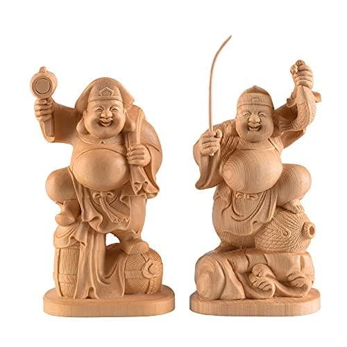 Hanro Art Carving Daikokuten and Ebisu Figurine, Buddhist Statue, Wood Carving, Hinoki Wood, Brought Good Fortune, Business Prosperity, Health, Prospe