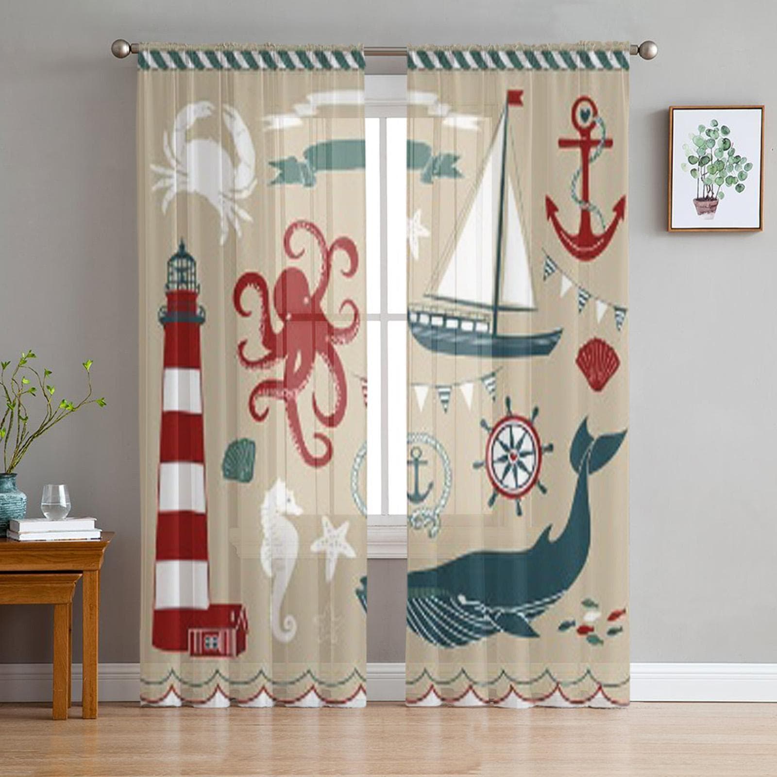 Decorative Nautical And Sea Set Maritime Illustrations Window Screening Curtains Voile Drape Sheer Tulle for Living Room Bedroom 135W x 114H(cm)