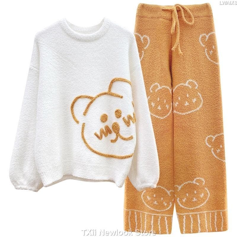 Wearing Soft Pajamas Women's Autumn and Winter Fleece-lined Thickened Bear Two-piece Home Clothes Sweet Loose Japanese Style One Size yellow