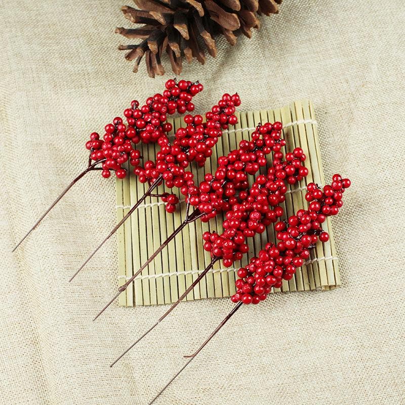 Christmas Glitter Berries Stems Artificial Christmas Simulation Holly Berries Pine Branch for Christmas Tree Ornaments Holiday Home Decor