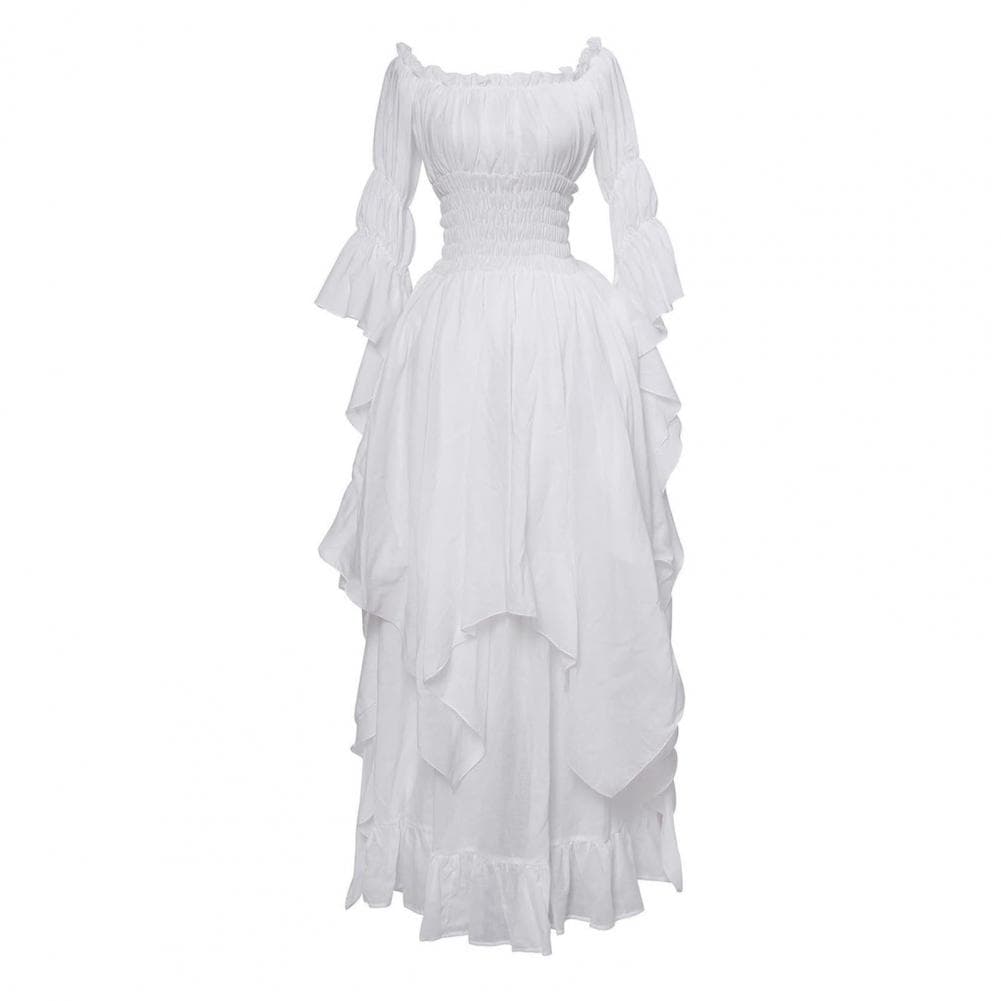 Women Ball Gown Off Shoulder Gothic Long Horn Sleeves Irregular Layered Pleated Elastic Tight Waist Solid Color Retro Renaissanc M white