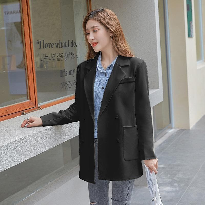 Early Autumn New Solid Color Suit Jacket Double-breasted Casual Loose Korean Style Temperament Commuter Small Suit Jacket for Women 2XL black