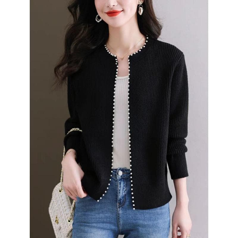 Round Neck Knitted Cardigan for Women Short Autumn Clothes New Style Exterior Style Sweater Jacket Versatile In Autumn and Winter XL black
