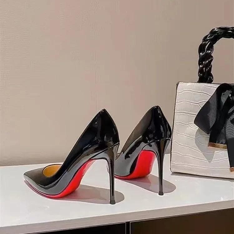 New 2024 Autumn Black Patent Leather Pointed Toe Red Rubber Sole Women's High Heels Party Shoes Sexy Women's Dress Stilettos 43