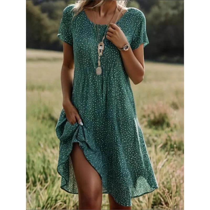YYFS Women's Fashion Summer Spring Polka Dot Print Short Sleeve O-Neck Loose Waistline Casual Dresses S green