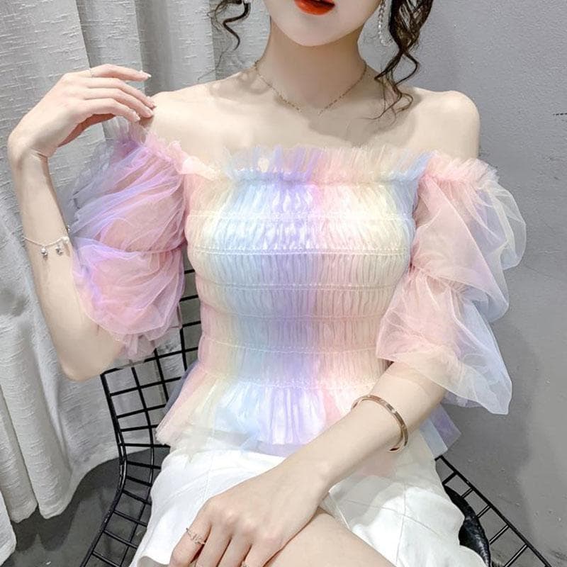 Color Gradient Puff Sleeve Women Blouse Mesh Slash Neck Fairy Style Slim Cropped Top Elastic Waist Sweet Ruffle Fold Summer XL pink