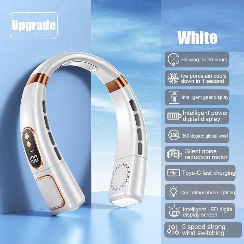 Hanging Neck Fan Digital Display Air Cooler Neck Fan Rechargeable Portable Air Conditioner Neck Ventillator Electric Fan white