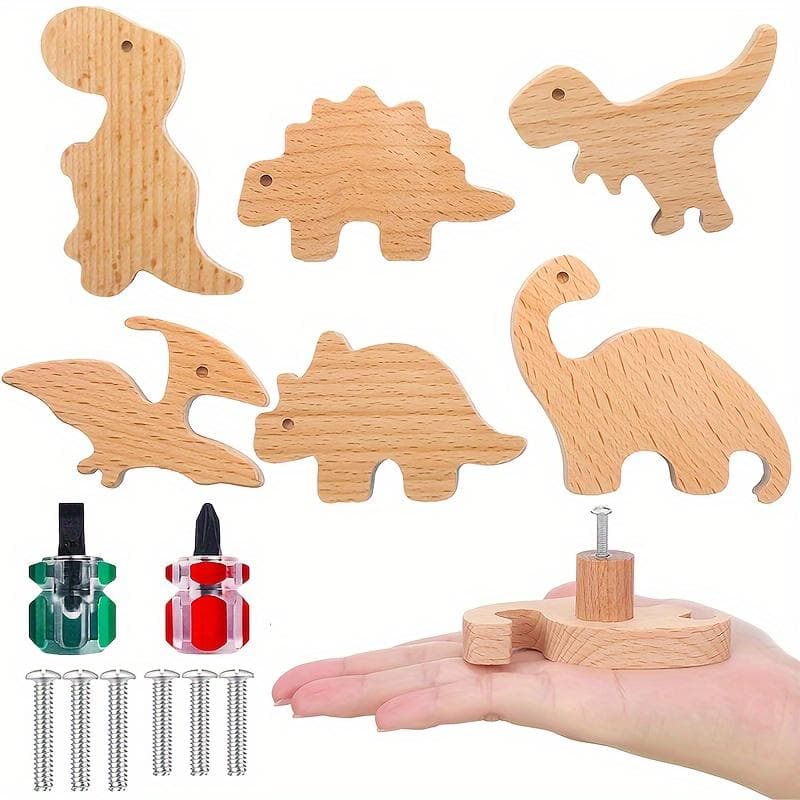 6pcs Wooden Animal Cabinet Pull, Furniture Decorative Dresser Knobs, Animal Shaped Knobs, Drawer Knobs with Mounting Screws and Screwdriver 6-Pack